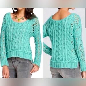 Free People Sweater Small Mint Green Fluff Cable Knit Oversized Mohair Blend